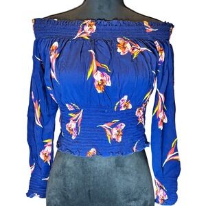 Express Off the Shoulder Blouse Women Small Blue Floral Smocked Back Tie Crop